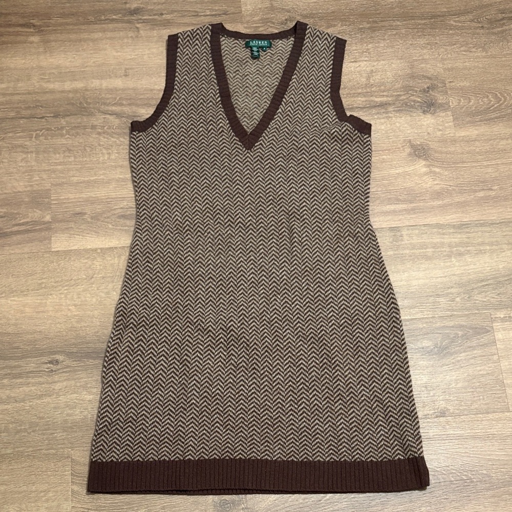 Lauren Ralph Lauren Brown Chevron Knit Dress 100% Lambswool Size Medium